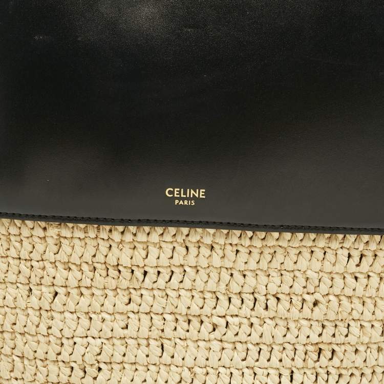 Pre Owned Celine Black/Cream Leather and Raffia Basket Bag