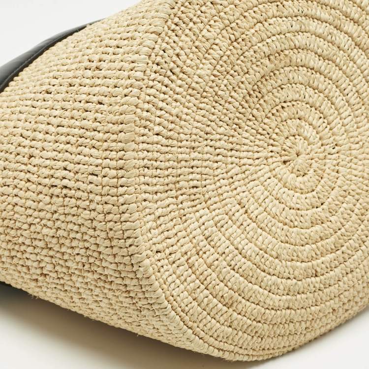 Pre Owned Celine Black/Cream Leather and Raffia Basket Bag