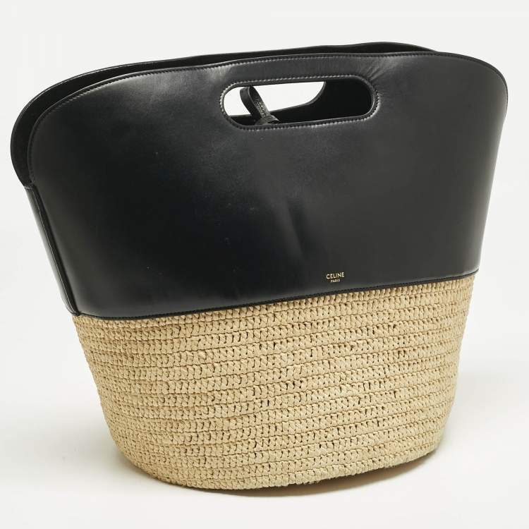 Pre Owned Celine Black/Cream Leather and Raffia Basket Bag