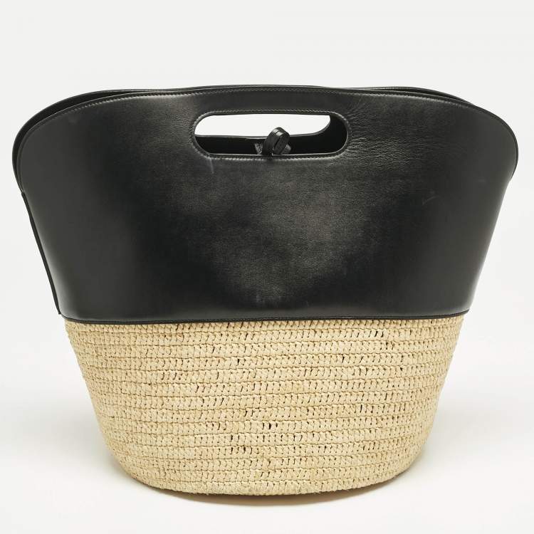 Pre Owned Celine Black/Cream Leather and Raffia Basket Bag