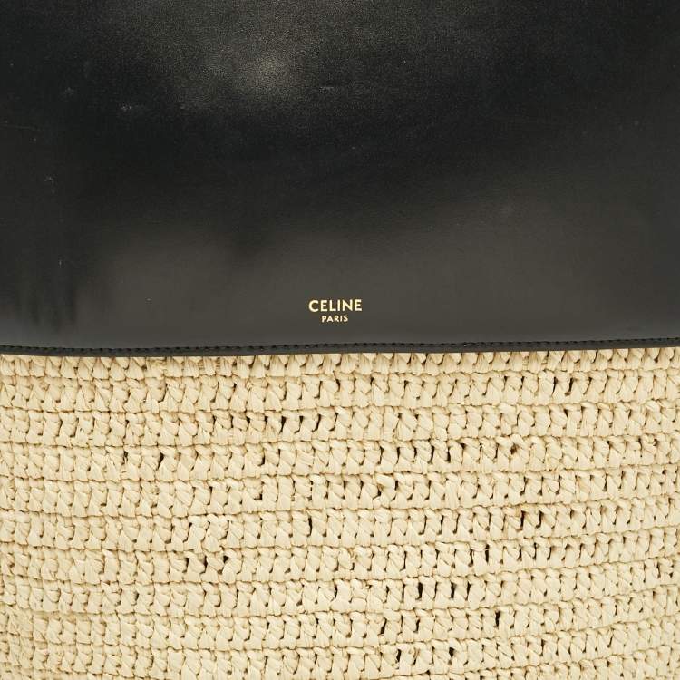 Pre Owned Celine Black/Cream Leather and Raffia Basket Bag