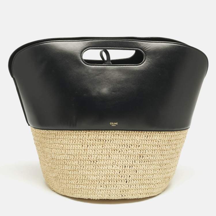 Pre Owned Celine Black/Cream Leather and Raffia Basket Bag