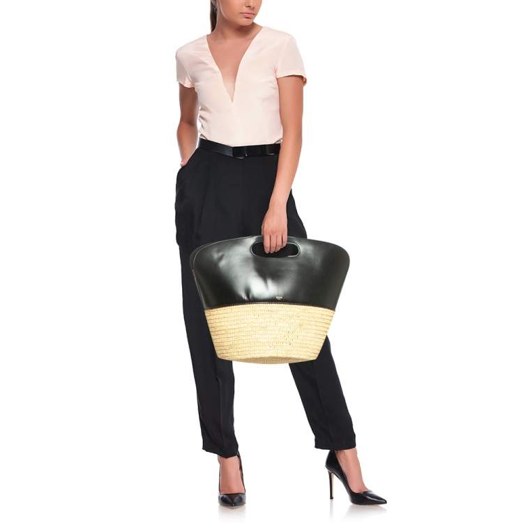 Pre Owned Celine Black/Cream Leather and Raffia Basket Bag