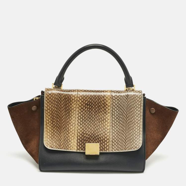 Pre Owned Celine Tricolor Leather and Snakeskin Small Trapeze Top Handle Bag