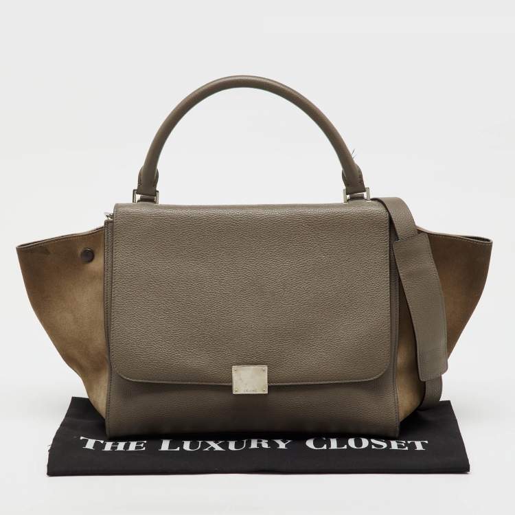 Pre Owned Celine Taupe Grey/Brown Leather and Suede Medium Trapeze Top Handle Bag