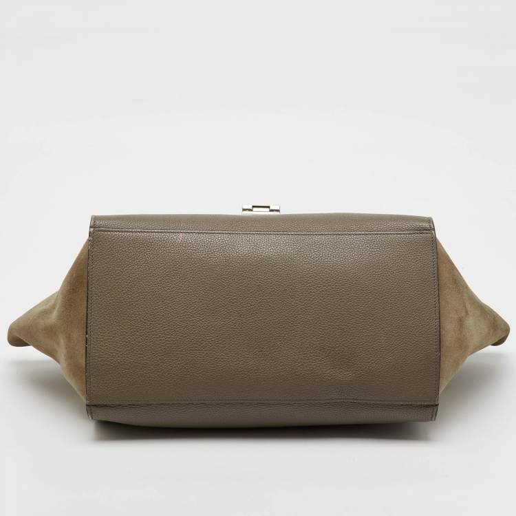 Pre Owned Celine Taupe Grey/Brown Leather and Suede Medium Trapeze Top Handle Bag