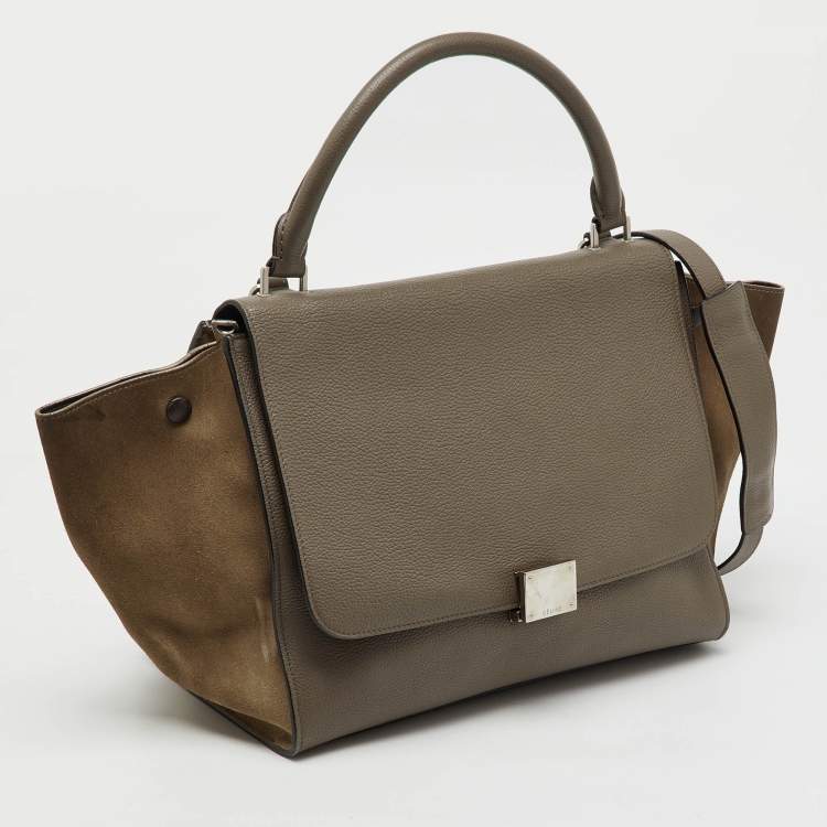 Pre Owned Celine Taupe Grey/Brown Leather and Suede Medium Trapeze Top Handle Bag