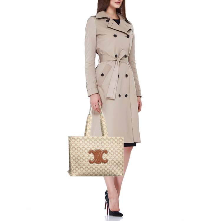 Pre Owned Celine Beige/Brown Triomphe Canvas Large Cabas Thais Tote