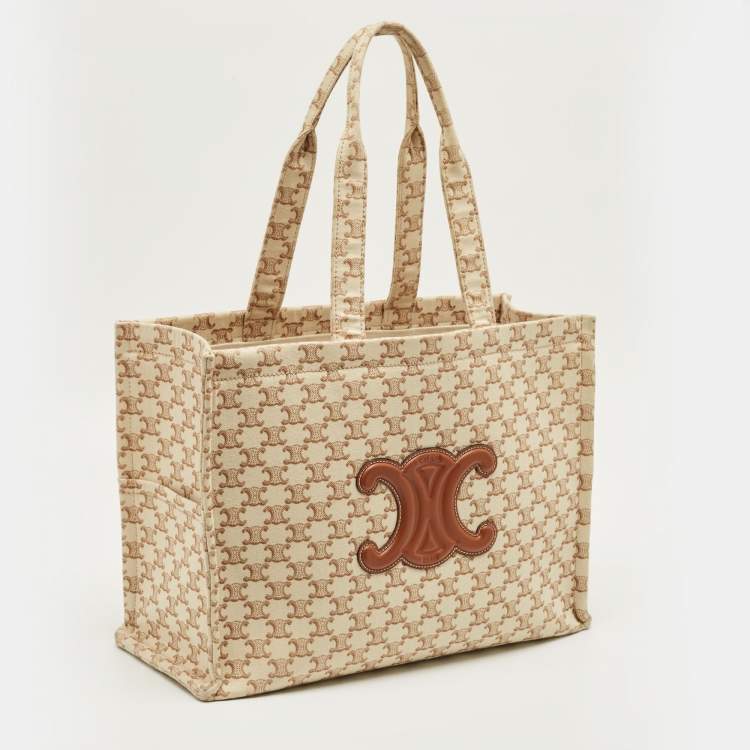 Pre Owned Celine Beige/Brown Triomphe Canvas Large Cabas Thais Tote