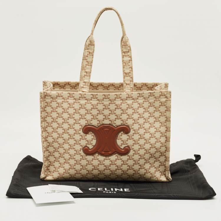 Pre Owned Celine Beige/Brown Triomphe Canvas Large Cabas Thais Tote