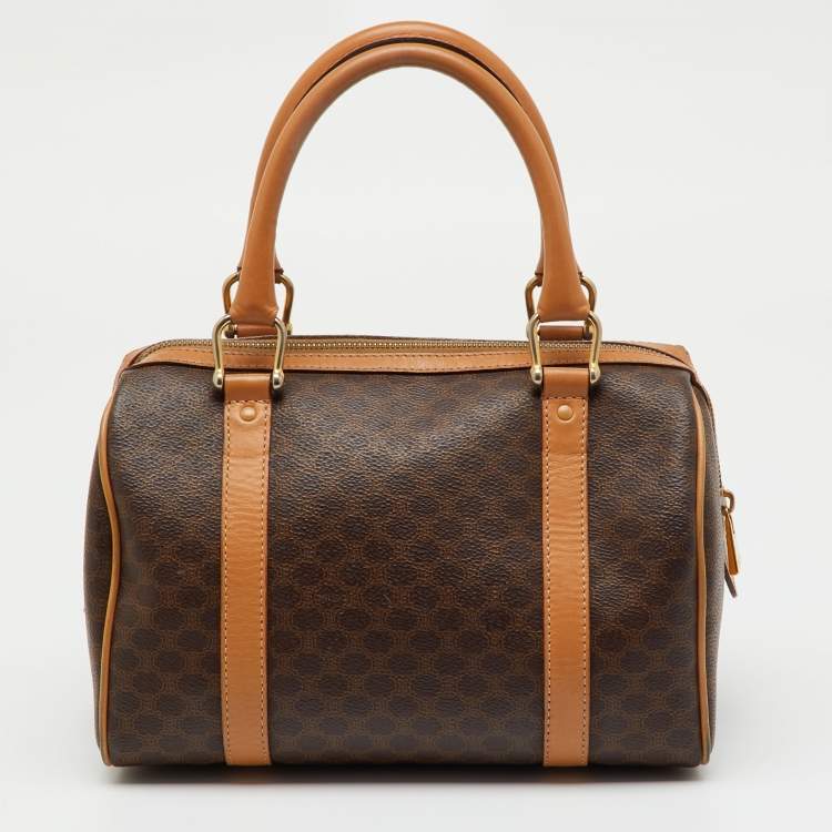 Pre Owned Celine Brown Macadam Coated Canvas and Leather Boston Bag