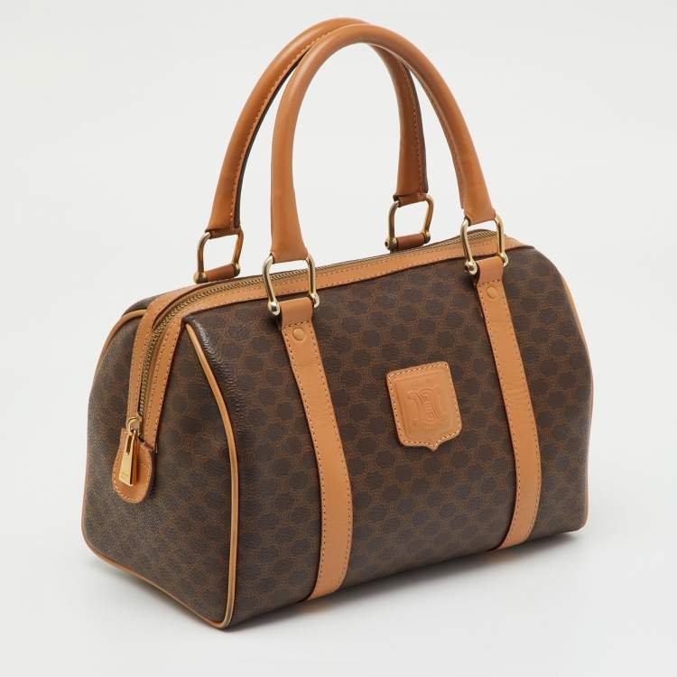 Pre Owned Celine Brown Macadam Coated Canvas and Leather Boston Bag
