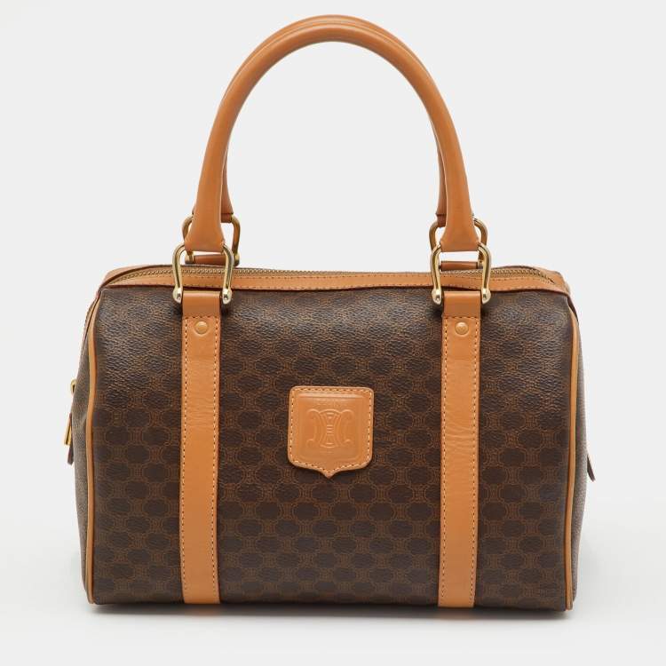 Pre Owned Celine Brown Macadam Coated Canvas and Leather Boston Bag