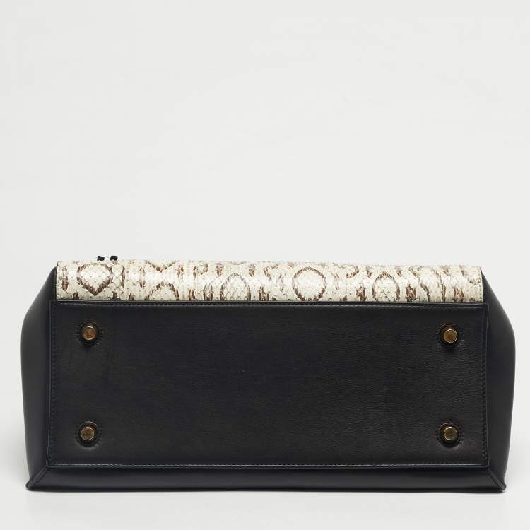 Pre Owned Celine Black/Off White Leather and Python Medium Edge Top Handle Bag