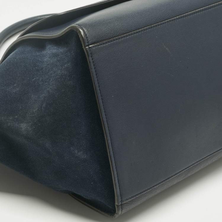 Pre Owned Celine Navy Blue Leather and Suede Medium Trapeze Top Handle Bag