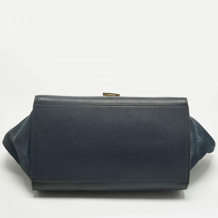 Pre Owned Celine Navy Blue Leather and Suede Medium Trapeze Top Handle Bag