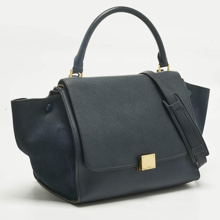 Pre Owned Celine Navy Blue Leather and Suede Medium Trapeze Top Handle Bag