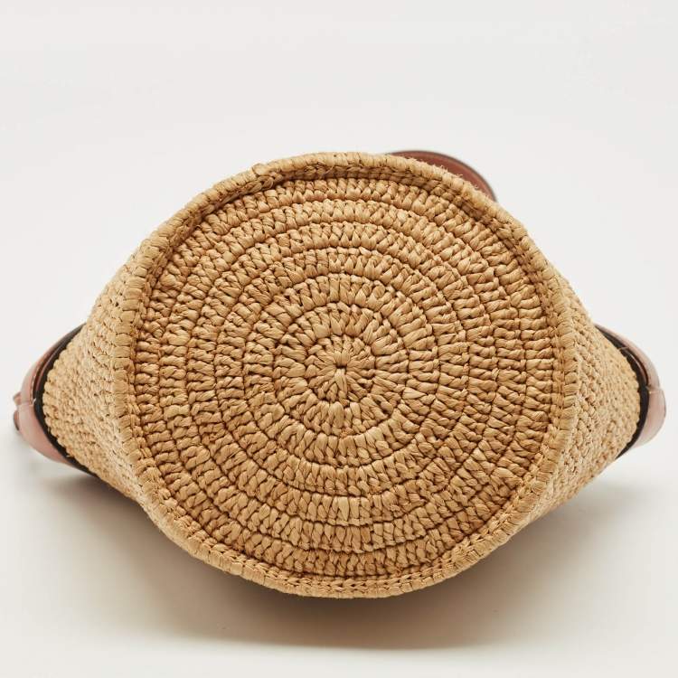 Pre Owned Celine Brown/Cream Raffia and Leather Crecy Bucket Bag