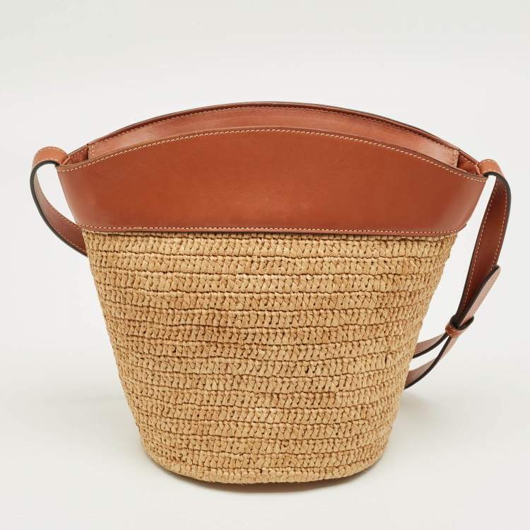 Pre Owned Celine Brown/Cream Raffia and Leather Crecy Bucket Bag