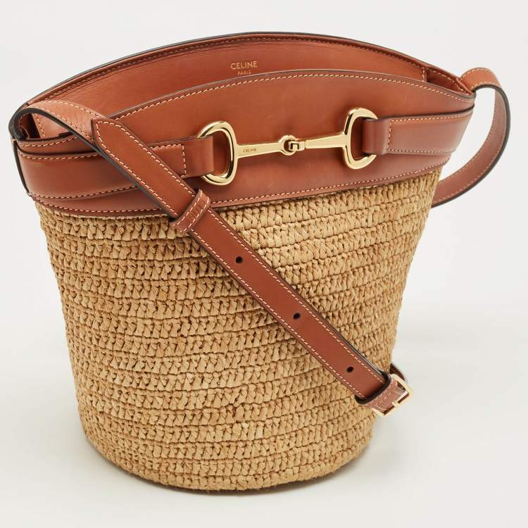 Pre Owned Celine Brown/Cream Raffia and Leather Crecy Bucket Bag