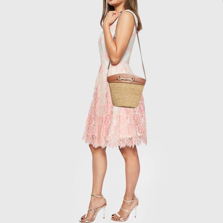 Pre Owned Celine Brown/Cream Raffia and Leather Crecy Bucket Bag