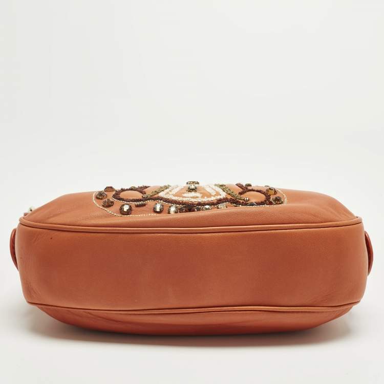 Pre Owned Celine Triomphe Crystals Orange Leather Shoulder Bag