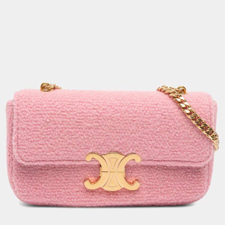Pre Owned Celine Pink Tweed Claude Chain Shoulder Bag