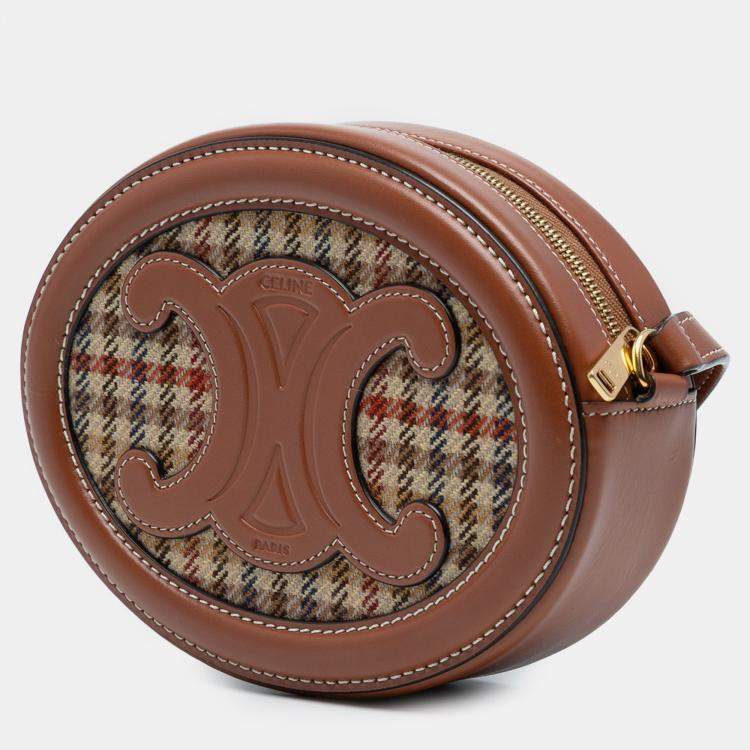 Pre Owned Celine Brown Small Houndstooth Canvas and Calfskin Cuir Triomphe Oval Crossbody