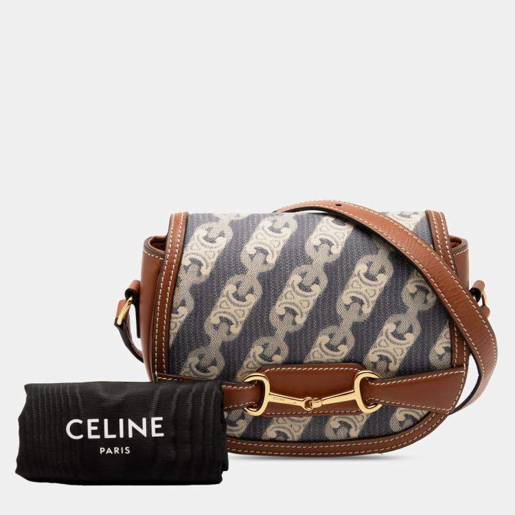 Pre Owned Celine Blue Brown Small Maillon Triomphe Jacquard and Calfskin Crecy Crossbody