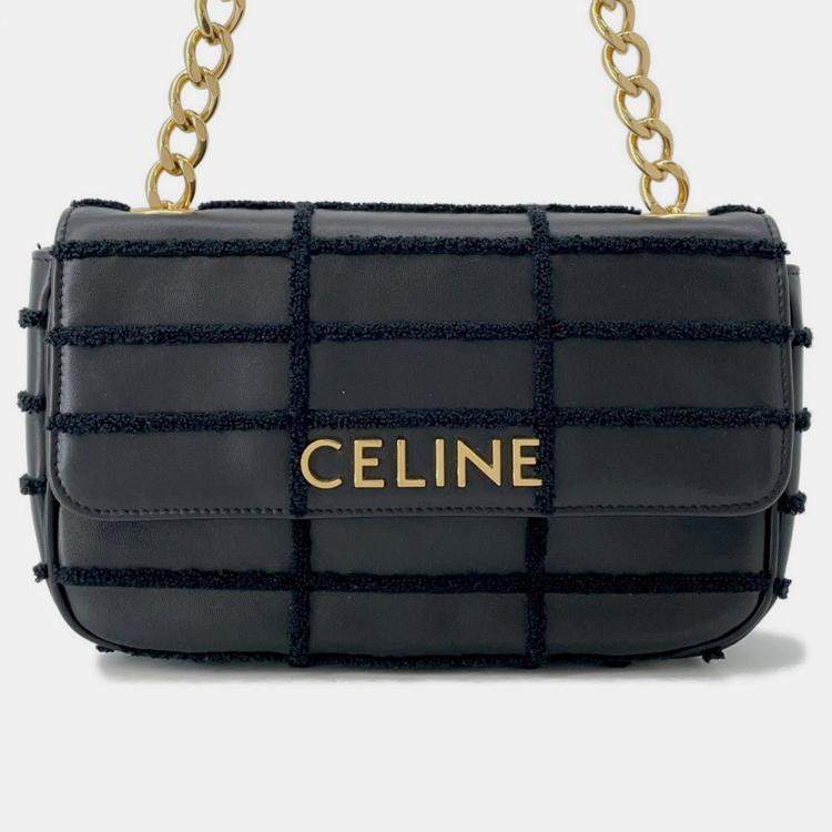 Pre Owned Celine Mono Chrome Chain shoulder Bag Black Leather