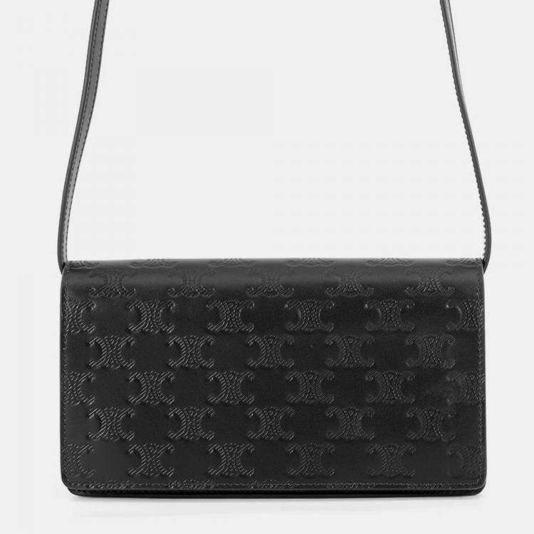 Pre Owned Celine Triomphe Horizontal Sleeve Shoulder Bag Black Leather