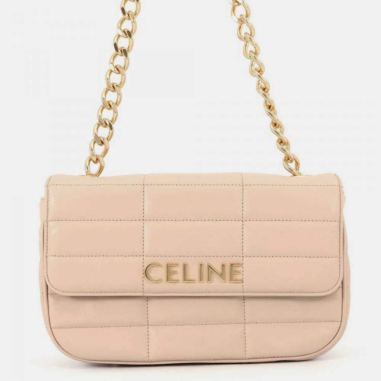 Pre Owned Celine Mono Chrome Chain Shoulder Bag Beige Leather