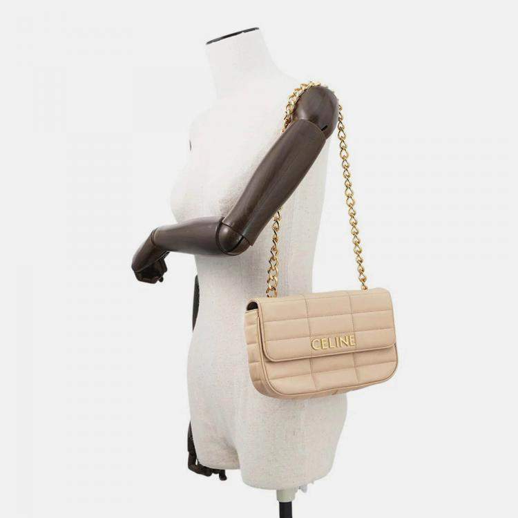 Pre Owned Celine Mono Chrome Chain Shoulder Bag Beige Leather