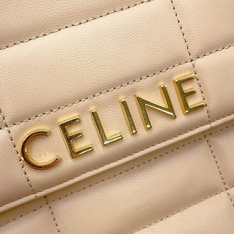 Pre Owned Celine Mono Chrome Chain Shoulder Bag Beige Leather