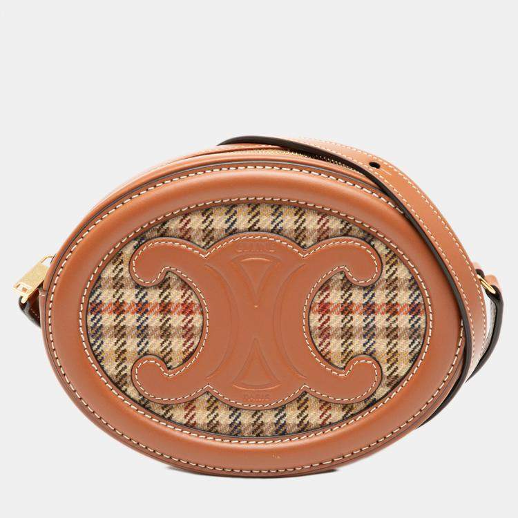 مملوكة مسبقًا Celine Brown Small Houndstooth Canvas and Calfskin Cuir Triomphe Oval Crossbody