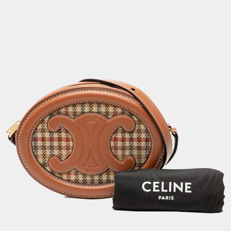 مملوكة مسبقًا Celine Brown Small Houndstooth Canvas and Calfskin Cuir Triomphe Oval Crossbody