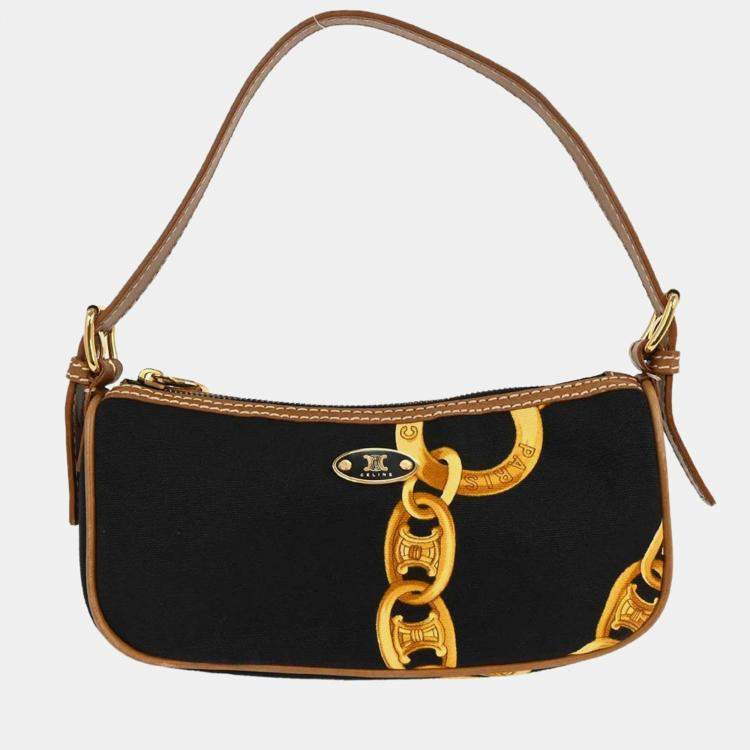 Pre Owned Celine Chain Print Black Leather Shoulder Bag