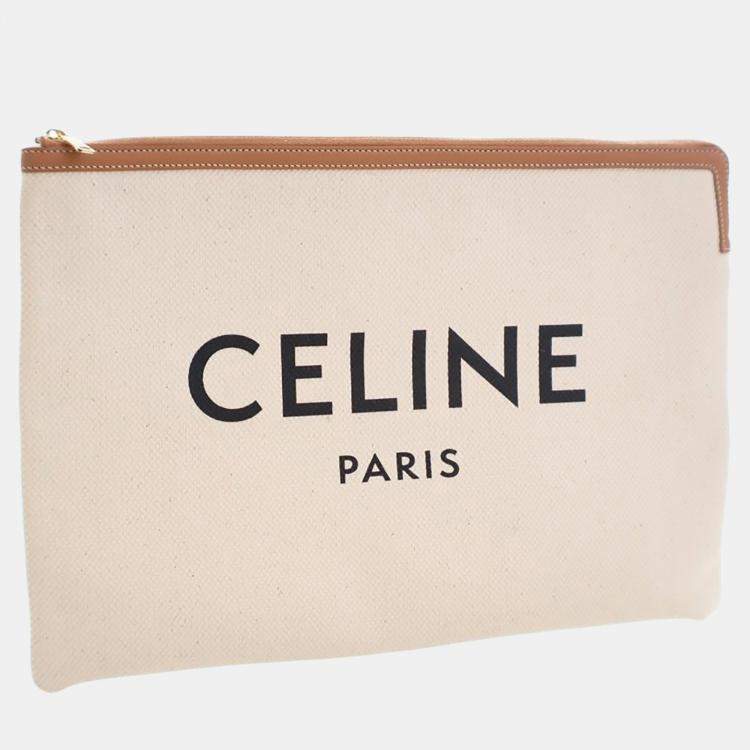 Pre Owned Celine White Large Mixed Fibers Logo Clutch