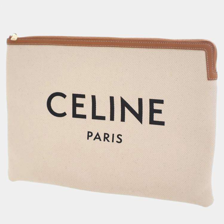 Pre Owned Celine White Large Mixed Fibers Logo Clutch