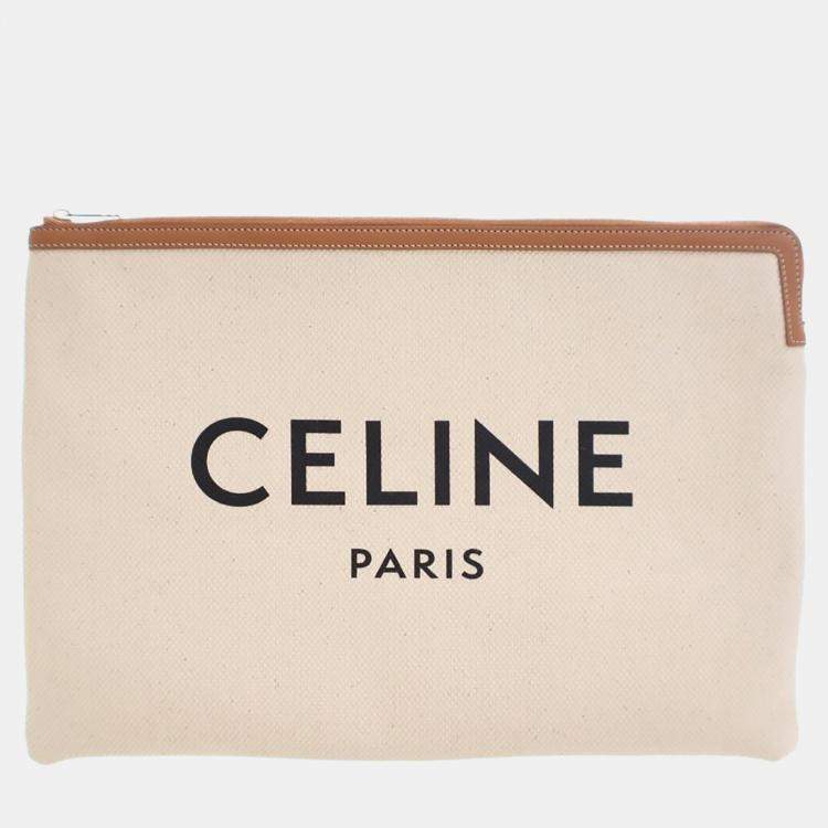 Pre Owned Celine White Large Mixed Fibers Logo Clutch