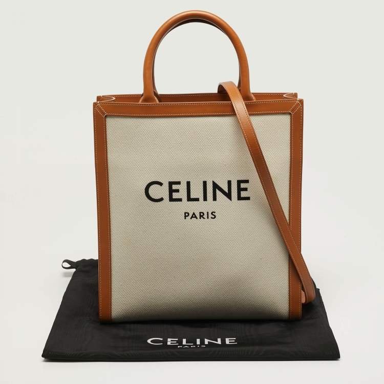 Pre Owned Celine Vertical Cabas Small Tan/Natural Canvas and Leather Tote
