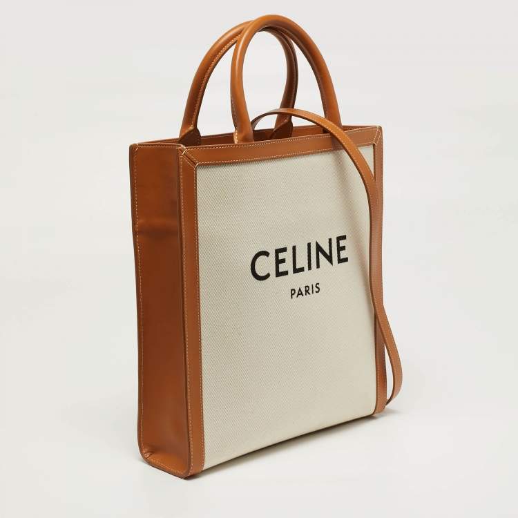 Pre Owned Celine Vertical Cabas Small Tan/Natural Canvas and Leather Tote