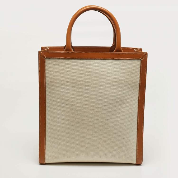 Pre Owned Celine Vertical Cabas Small Tan/Natural Canvas and Leather Tote