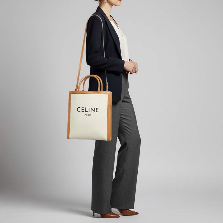 Pre Owned Celine Vertical Cabas Small Tan/Natural Canvas and Leather Tote