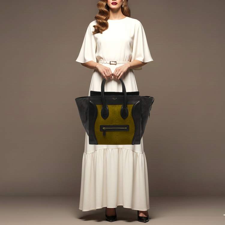 Pre Owned Celine Luggage Mini Black/Green Leather and Calfhair Tote