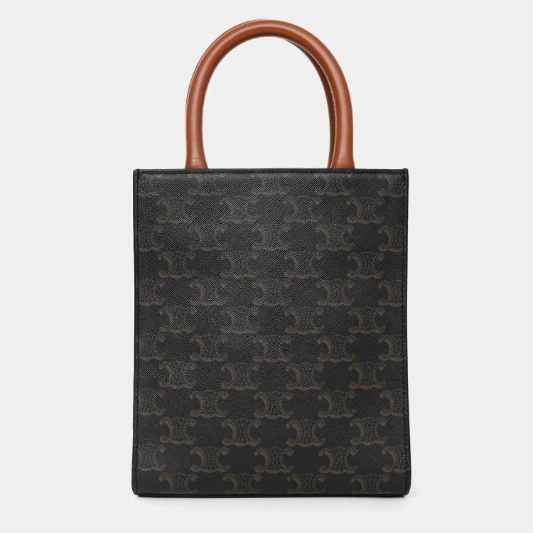 Pre Owned Celine 2021 Brown Canvas/Leather Mini Triomphe Vertical Cabas Tote with Strap