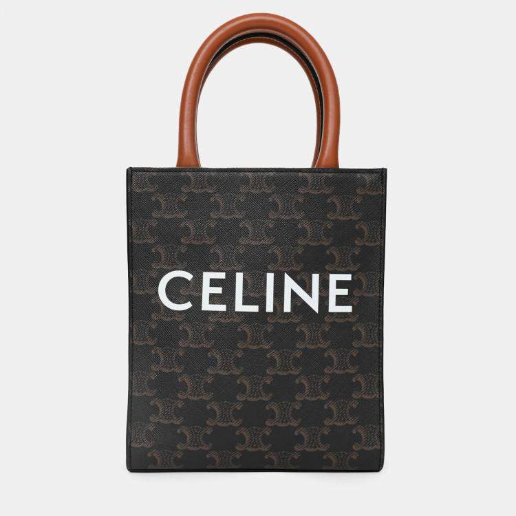 Pre Owned Celine 2021 Brown Canvas/Leather Mini Triomphe Vertical Cabas Tote with Strap