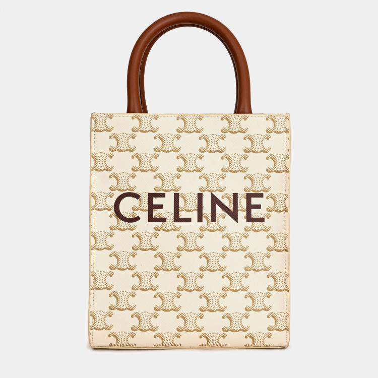 Pre Owned Celine White/Brown Leather/Canvas Mini Triomphe Cabas Vertical Tote with Strap