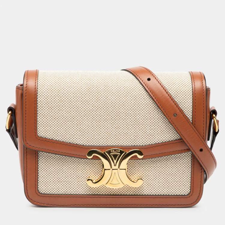 Pre Owned Celine Brown Teen Canvas and Calfskin Triomphe Crossbody