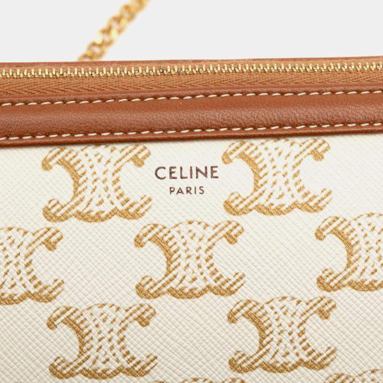 Pre Owned Celine White Triomphe Coated Canvas Clutch On Chain